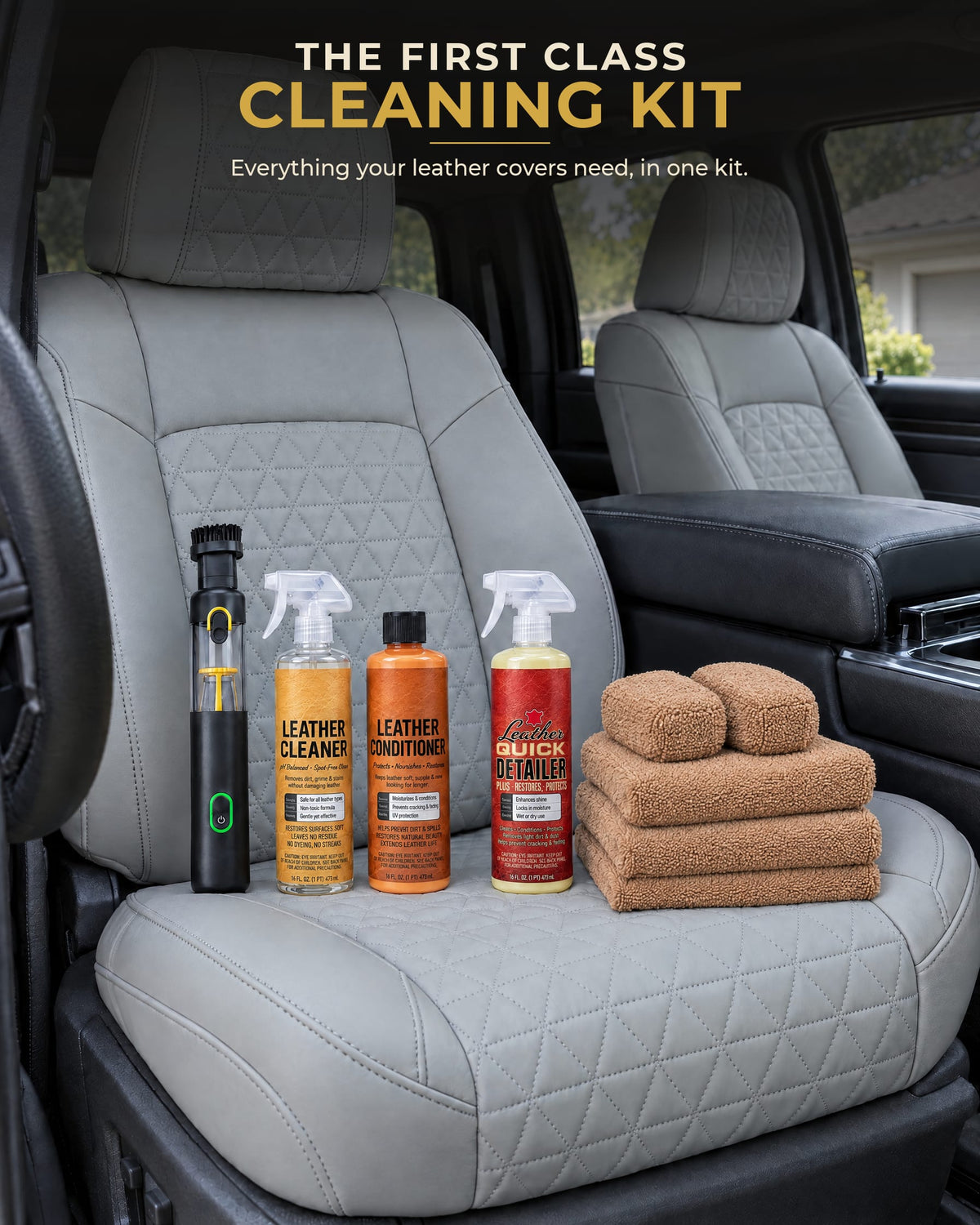 First Class Cleaning Kit on a light grey custom leather seat cover