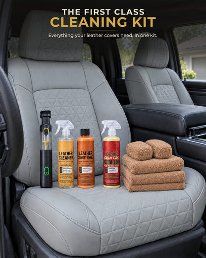 First Class Cleaning Kit on a light grey custom leather seat cover